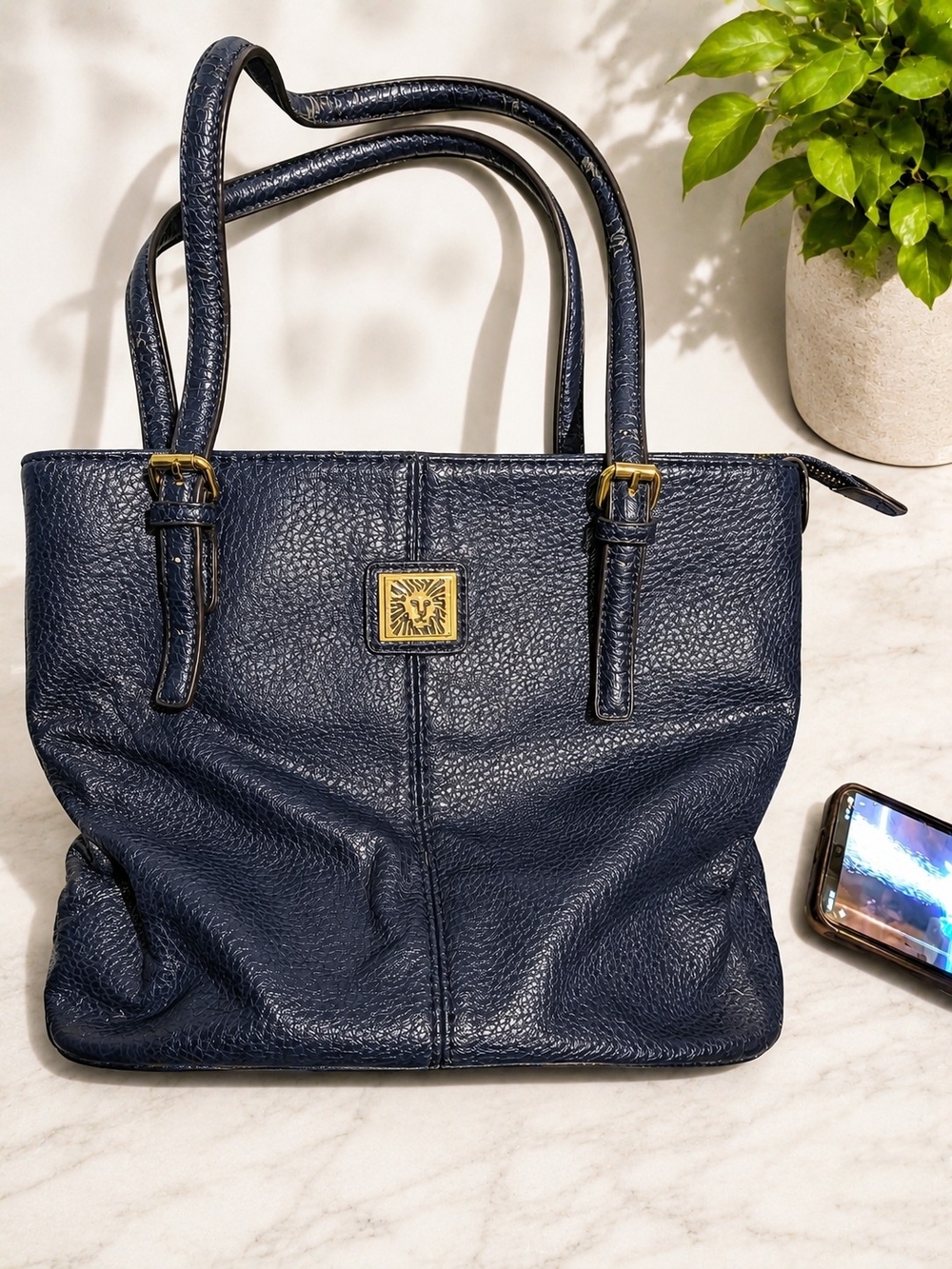 Anne Klein Navy Pebbled Leather Shoulder Tote with Gold Accent